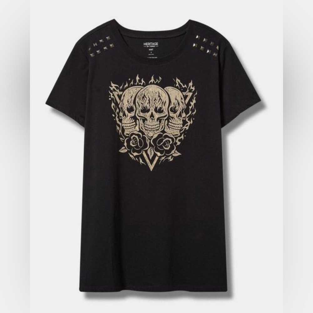 #1404 - Torrid Skull Classic Fit Heritage Jersey Foil Studded Tee Black & Gold